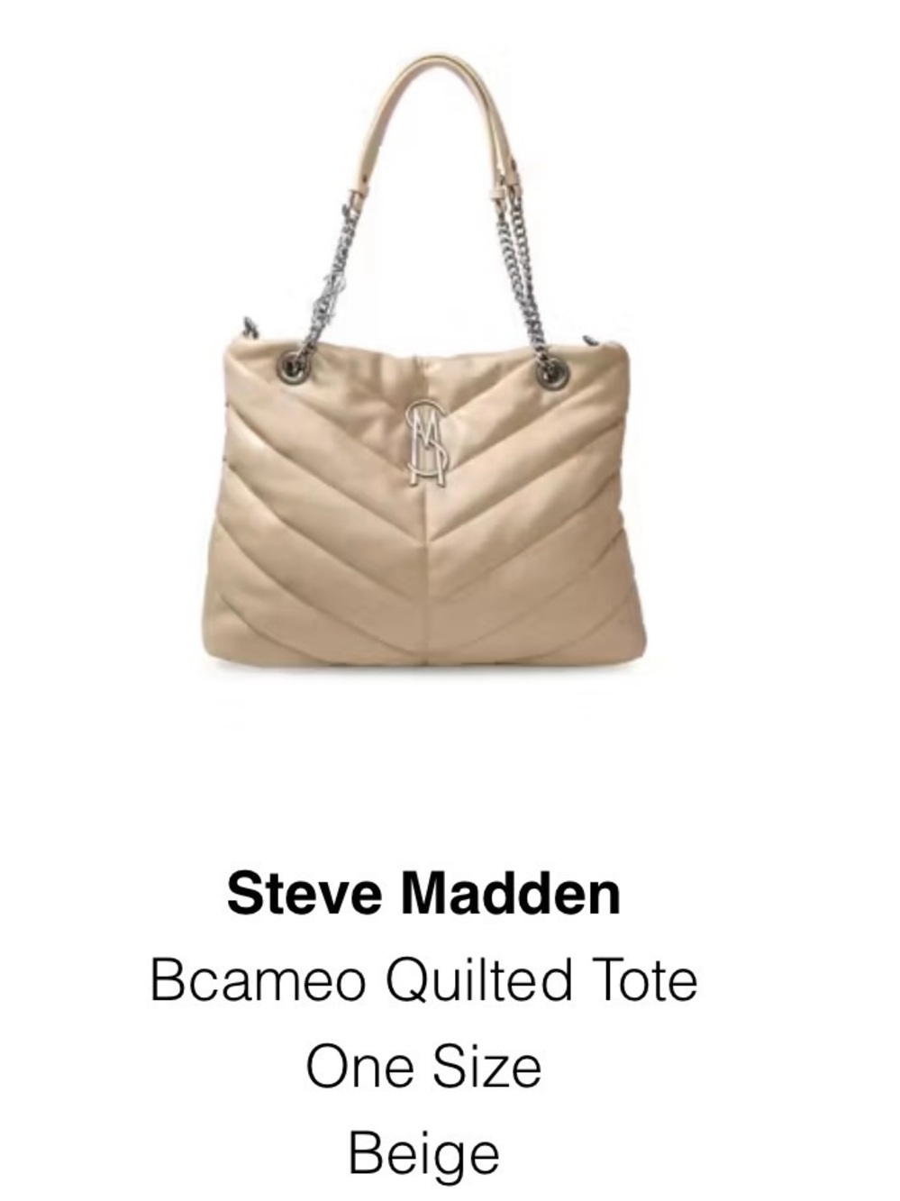 NWT Steve Madden Bcameo Beige Quilted Tote Bag